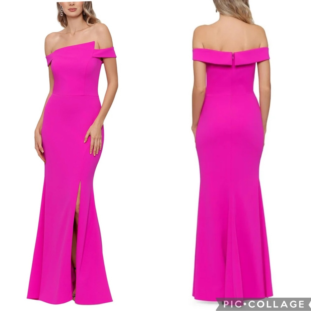 Xscape Asymmetrical Off The Shoulder Gown Fuchsia‎ Pink 4
